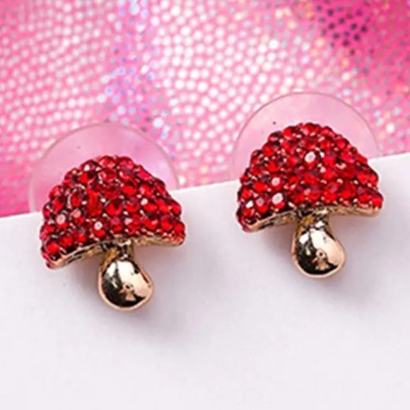 Earrings Mushroom Red Rhinestone 3D Gold Trendy Wonderland Glam Trippy Stylish - Picture 3 of 3